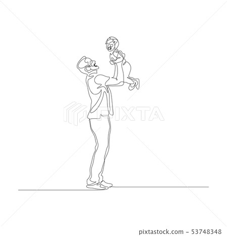 Continuous one line father hold his little son on hands above head 53748348
