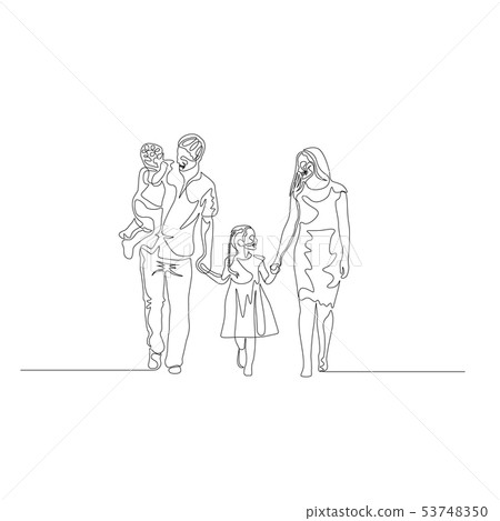 Continuous one line happy family walking holding the hands. Father holds son in his arms. Family 53748350
