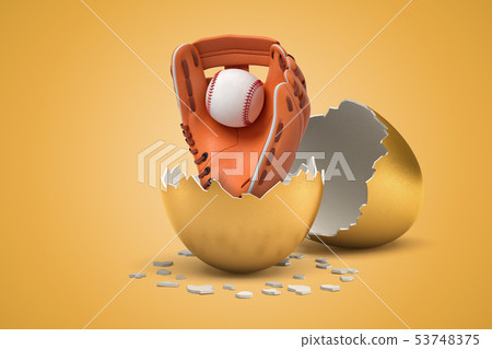 3d closeup rendering of baseball glove and ball that just hatched out from golden egg. 3d closeup rendering of baseball glove and ball that just hatched out from golden egg. 53748375