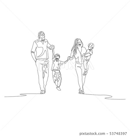 Continuous line family walking holding the hands and swigning son 53748397