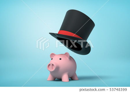 3d rendering of cute pink piggy bank and black tophat floating in air above piggy on light blue 53748399
