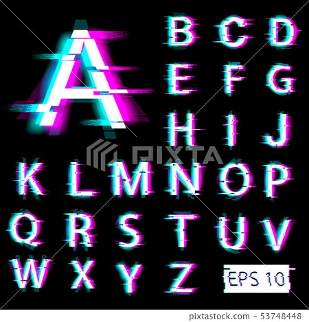 Glitch english alphabet. Distorted letters with broken pixel effect 53748448