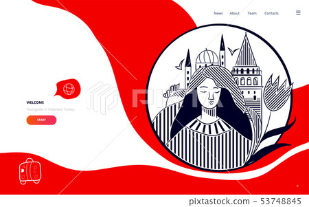 Istanbul city promotion vector poster or banner template with Galata tower, turkish tulip, copy Istanbul city promotion vector poster or banner template with Galata tower, turkish tulip, copy 53748845