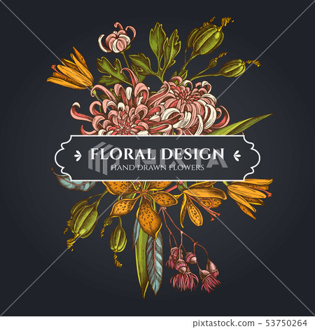 Floral bouquet dark design with japanese chrysanthemum, blackberry lily, eucalyptus flower Floral bouquet dark design with japanese chrysanthemum, blackberry lily, eucalyptus flower 53750264