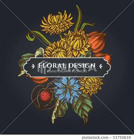 Floral bouquet dark design with black caraway, helichrysum, physalis Floral bouquet dark design with black caraway, helichrysum, physalis 53750639