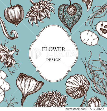 Badge over design with black caraway, feather grass, helichrysum, lotus, lunaria, physalis Badge over design with black caraway, feather grass, helichrysum, lotus, lunaria, physalis 53750654