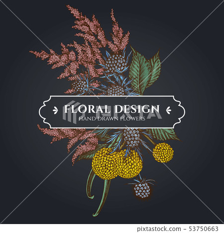 Floral bouquet dark design with astilbe, craspedia, blue eryngo 53750663