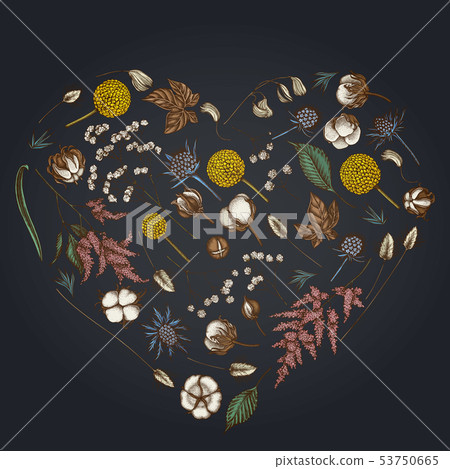 Heart floral design on dark background with astilbe, craspedia, blue eryngo, lagurus, cotton 53750665