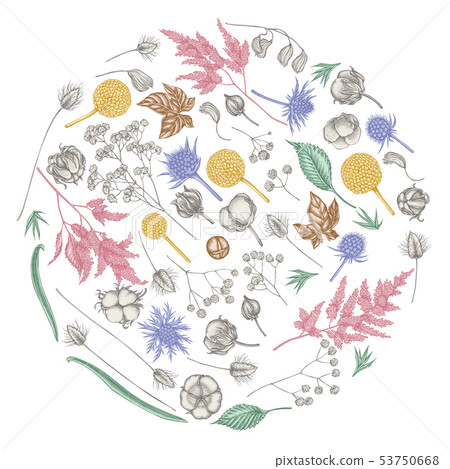 Round floral design with pastel astilbe, craspedia, blue eryngo, lagurus, cotton, gypsophila 53750668