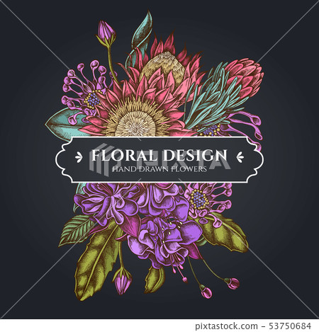 Floral bouquet dark design with african daisies, fuchsia, king protea Floral bouquet dark design with african daisies, fuchsia, king protea 53750684