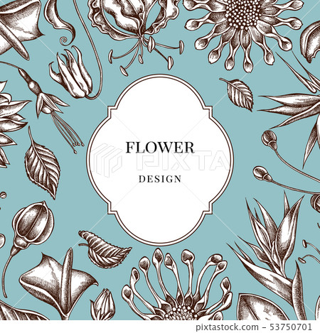 Badge over design with african daisies, fuchsia, gloriosa, king protea, anthurium, strelitzia Badge over design with african daisies, fuchsia, gloriosa, king protea, anthurium, strelitzia 53750701