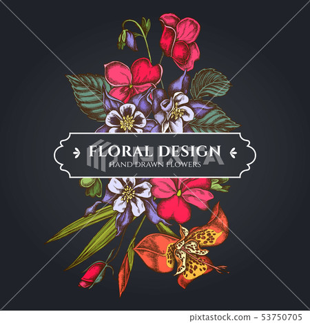 Floral bouquet dark design with impatiens, tigridia, aquilegia 53750705