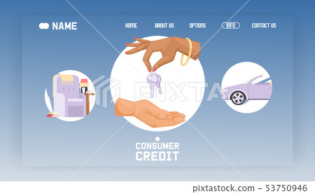 Consumer credit marketing landing page vector illustration. Purchasing hands with keys and car Consumer credit marketing landing page vector illustration. Purchasing hands with keys and car 53750946