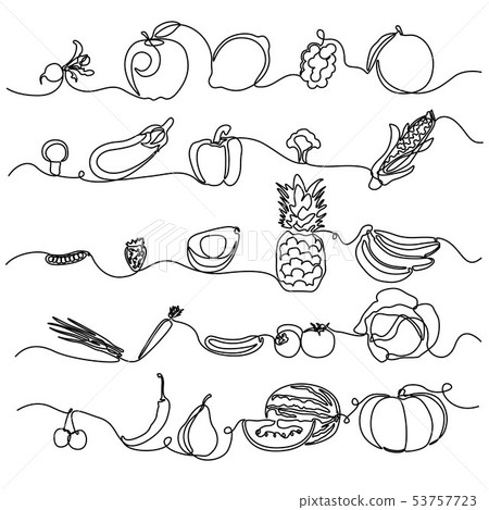 Continuous line Fruits and Vegetables. Design element for grocery store, vegetable shop. Vector 53757723