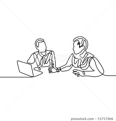 Continuous one line co-workers discussing work in front of a laptop Continuous one line co-workers discussing work in front of a laptop 53757866