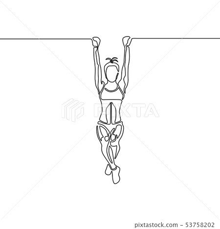 One line woman with fit body hanging on the pullup bar 53758202
