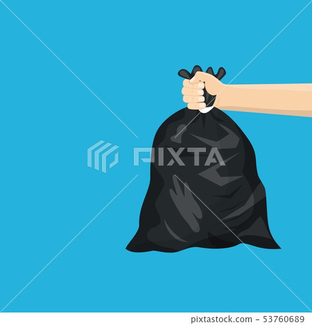 Man holding black plastic trash bag in his hand Man holding black plastic trash bag in his hand 53760689