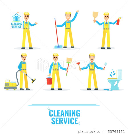 Cleaning service man vector flat cartoon character. Cleaning service man vector flat cartoon character. 53763151