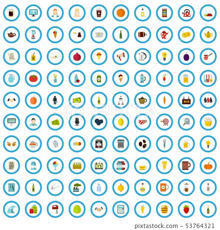 100 drinking firm icons set, flat style 53764321