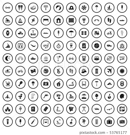 100 summer camp icons set, simple style 100 summer camp icons set, simple style 53765177