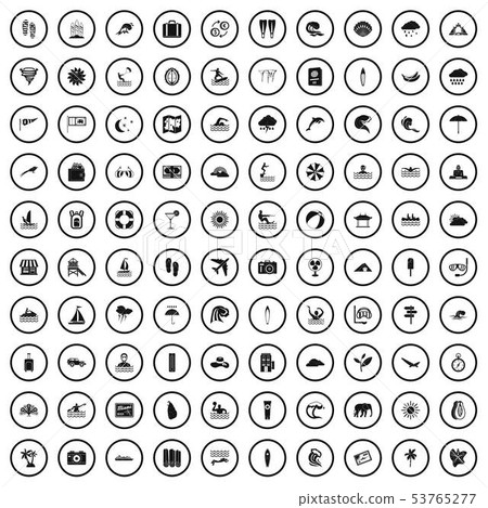 100 surfing icons set, simple style 53765277