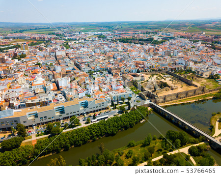 Aerial view of Merida cityscape with Roman Bridge Aerial view of Merida cityscape with Roman Bridge 53766465