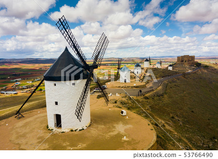 Aerial view of Route of Don Quixote with windmills in Consuegra 53766490