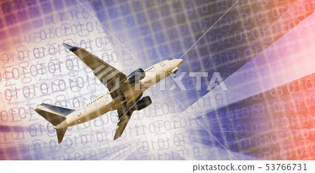 Plane flying on skyscrapers and binary key background Plane flying on skyscrapers and binary key background 53766731