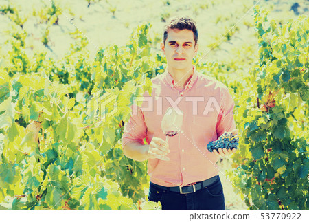 male with clusters of grape and wine 53770922