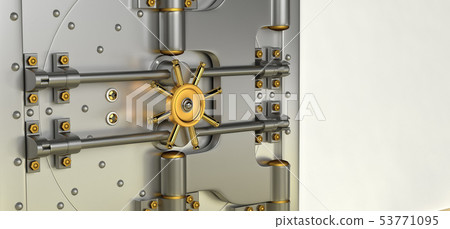 Front view of light gold bank vault door, closed. 3D Render 53771095
