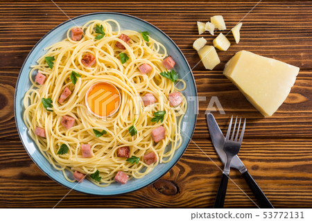 Itslian pasta carbonara with sausage and egg 53772131