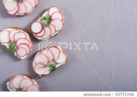Healthy vegetable toasts sandwith with radish and Healthy vegetable toasts sandwith with radish and 53772148