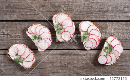 Healthy vegetable toasts sandwith with radish and Healthy vegetable toasts sandwith with radish and 53772153
