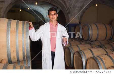 taster of winery with wine in cellar. 53774757