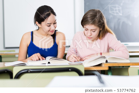 Smiling schoolgirls are learning at the desk Smiling schoolgirls are learning at the desk 53774762