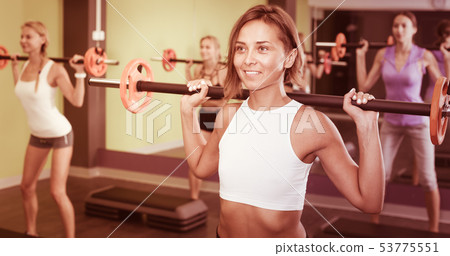 Group of athletic young women exercising weight lifting Group of athletic young women exercising weight lifting 53775551