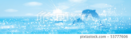 Vector blue sea and jumping dolphins. Vector blue sea and jumping dolphins. 53777606
