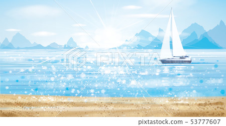 Vector blue sea scape with yacht in sunshine, 53777607