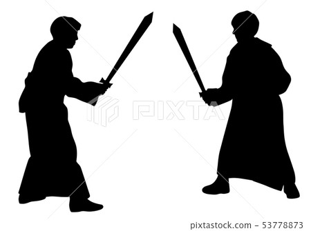 Two kids sword fighting duel in medieval costumes 53778873