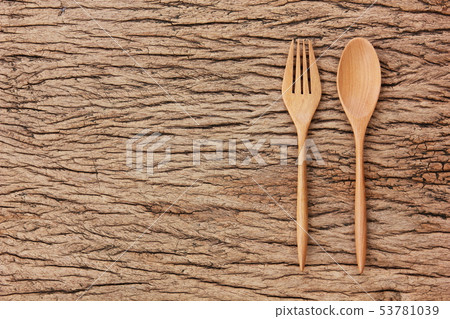 top view wood spoon ,fork on retro wood    53781039