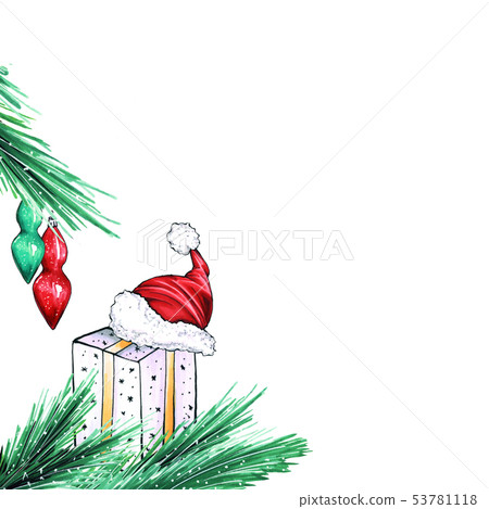 Christmas or New Year backdrop with gift box and santas red hat gift. Raster illustration 53781118