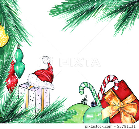Christmas or New Year backdrop with gift box and santas red hat gift. Raster illustration Christmas or New Year backdrop with gift box and santas red hat gift. Raster illustration 53781131