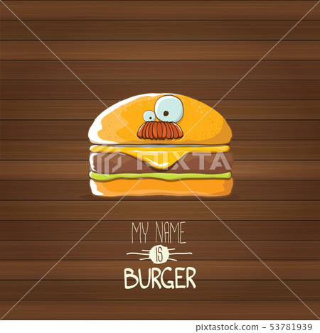 vector cartoon tiny burger character with cheese, meat and salad icon isolated on wooden background 53781939