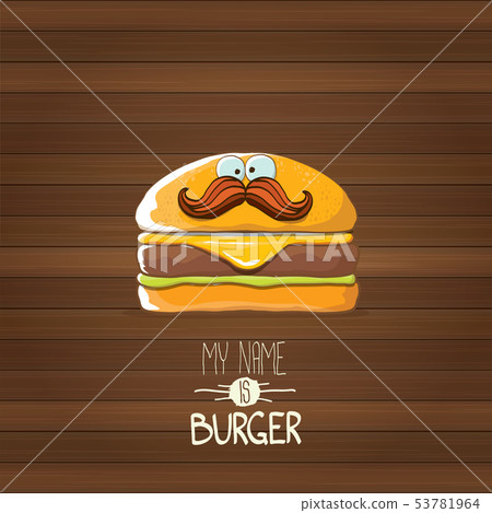 vector cartoon tiny burger character with cheese, meat and salad icon isolated on wooden background vector cartoon tiny burger character with cheese, meat and salad icon isolated on wooden background 53781964