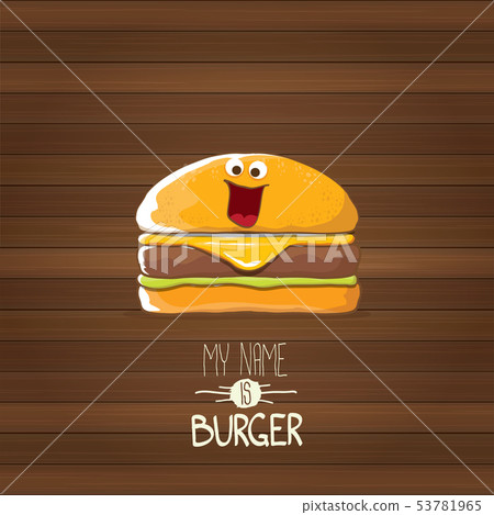 vector cartoon tiny burger character with cheese, meat and salad icon isolated on wooden background vector cartoon tiny burger character with cheese, meat and salad icon isolated on wooden background 53781965