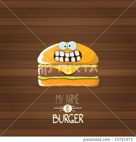 vector cartoon tiny burger character with cheese, meat and salad icon isolated on wooden background 53781973