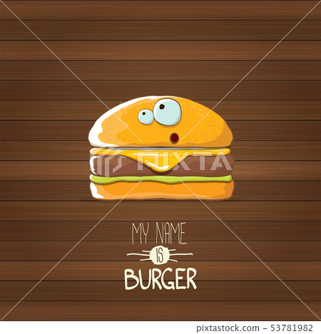 vector cartoon tiny burger character with cheese, meat and salad icon isolated on wooden background vector cartoon tiny burger character with cheese, meat and salad icon isolated on wooden background 53781982
