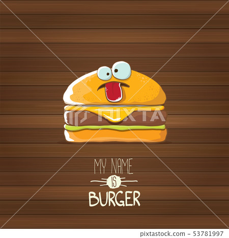 vector cartoon tiny burger character with cheese, meat and salad icon isolated on wooden background 53781997
