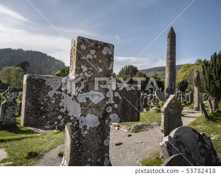 Ancient monasty in Glendalough Wicklow Mountains of Ireland 53782418
