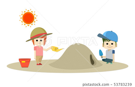 Illustration where two children of boy and girl wear hats in the hot summer sandbox and play against heatstroke Illustration where two children of boy and girl wear hats in the hot summer sandbox and play against heatstroke 53783239